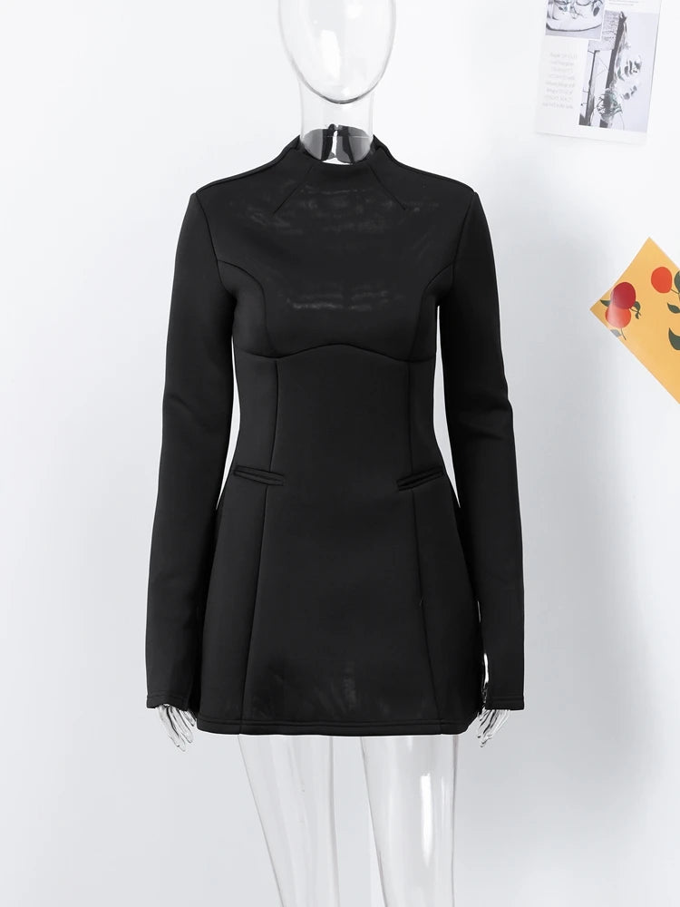 Fashion Backless Long Sleeve A-line Mini Dresses Elegant Women O-neck High Waist Slim Club Party Dress 2024 Autumn Solid Robes