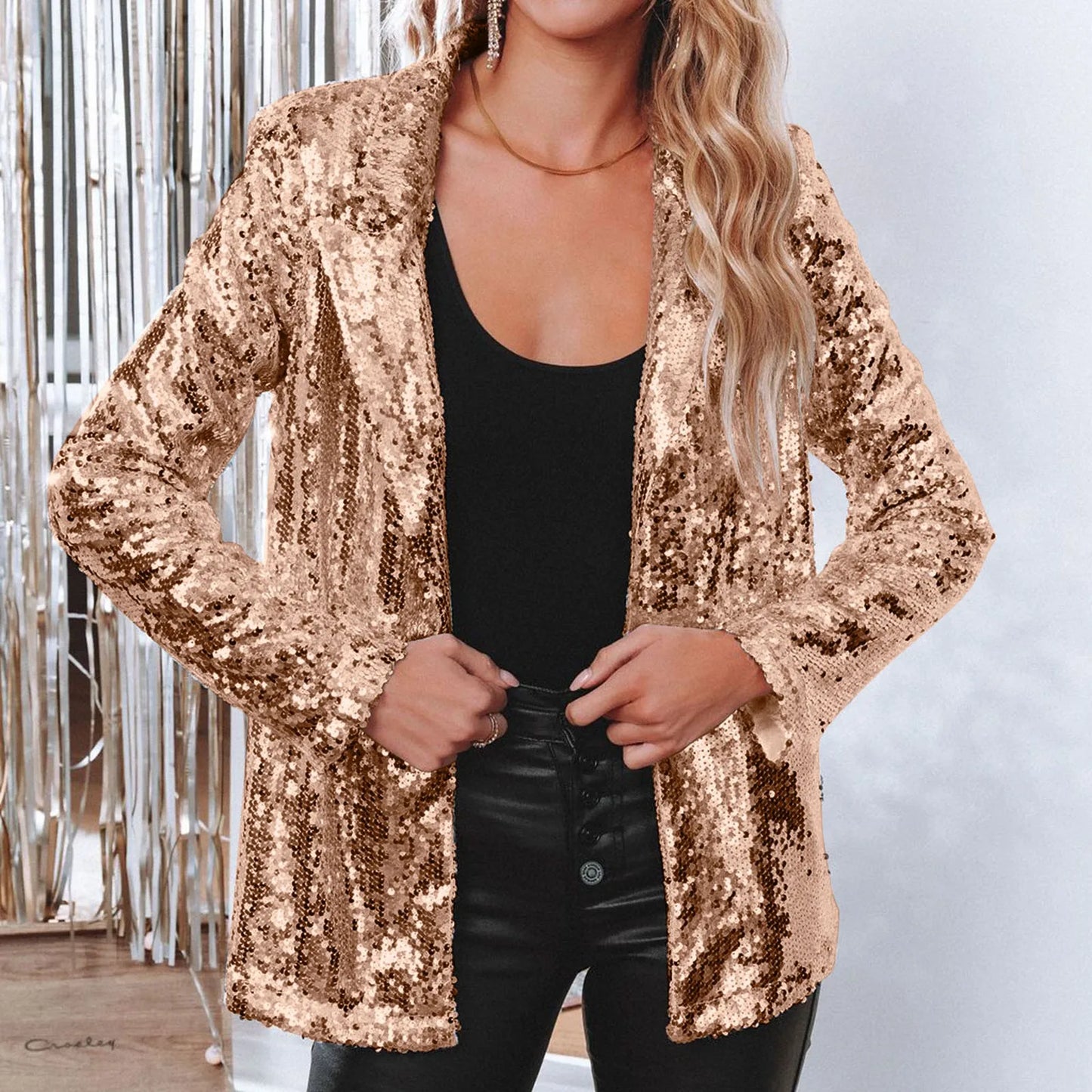 Women Golden Sequins Casual Long Sleeve Glitter Shiny Lapel Party Coat Outerwear Temperament Streetwear Autumn Winter Outwears