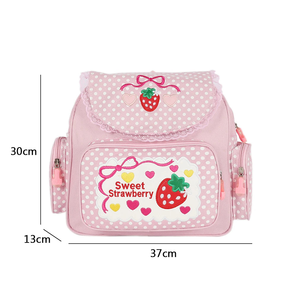 Kawaii Kids School Bag Cute Strawberry Embroidery Student Mochila Dots Multi-Pocket Nylon Fashion College for Teenager Girl