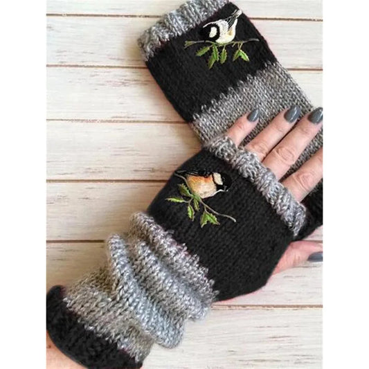 Outdoor Gloves For Women Winter Knit Gloves Warm Plus Velvet Embroidere Gloves Soft Thick Flexible Half Finger Winter Gloves