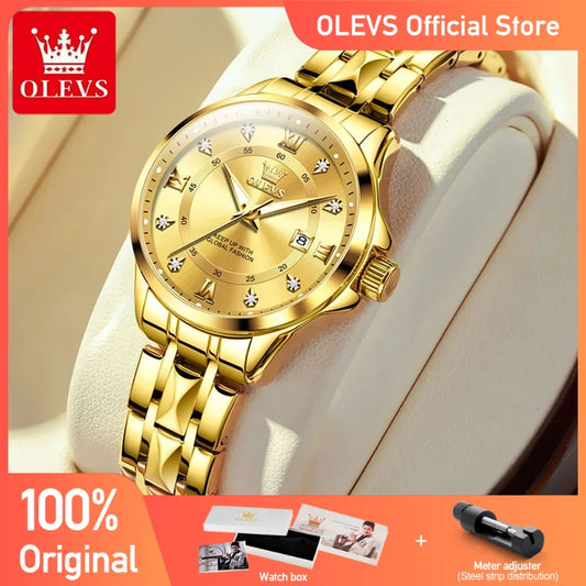 OLEVS Women‘s Watches Luxury Fashion Gold Small Wristwatch for Ladies Original Waterproof Rhombus Stainless Steel Strap Date