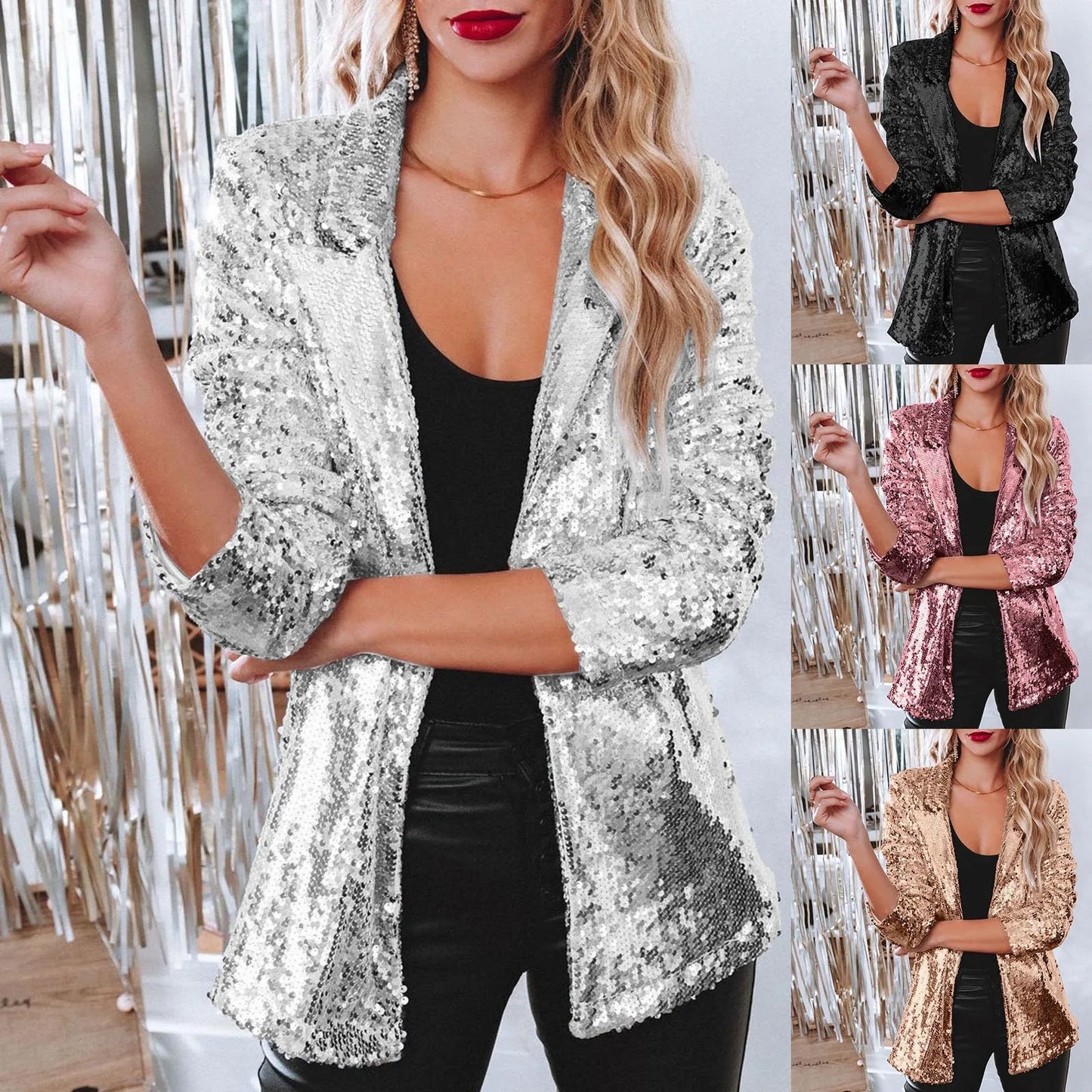 Women Golden Sequins Casual Long Sleeve Glitter Shiny Lapel Party Coat Outerwear Temperament Streetwear Autumn Winter Outwears