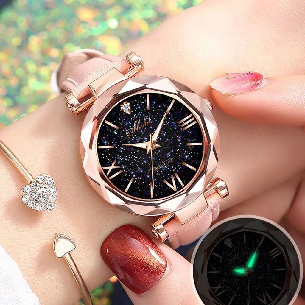 Luxury Back Light Watch For Women 2024 Diamond-studded Luminous Retro Female Watch Ladies Leather Strap Relogio Montre Femme