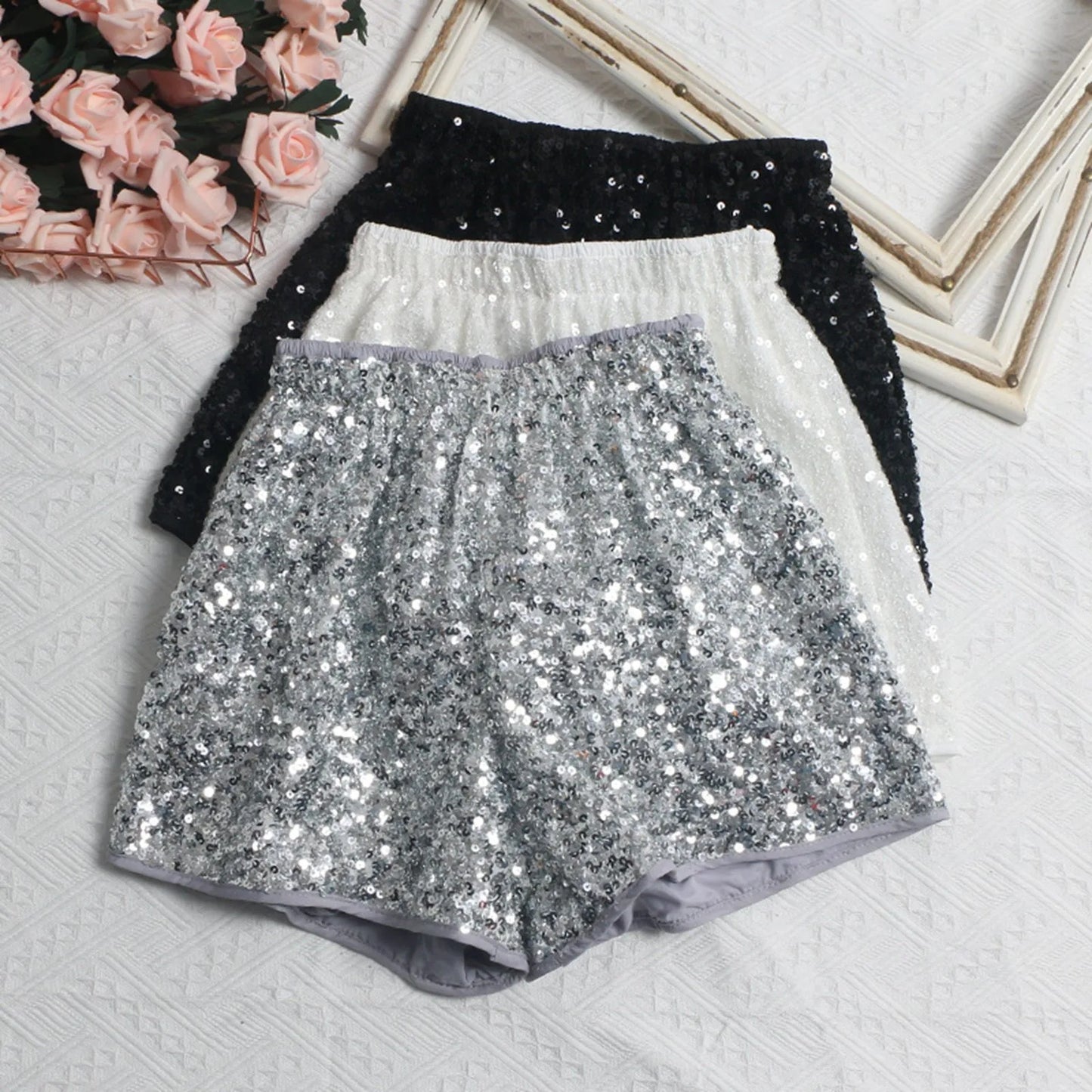 Nightclub Party Dance Women Sequin Shorts 2024 Summer Fashion Elastic High Waist Versatile A Line Shiny Short Pants Streetwear