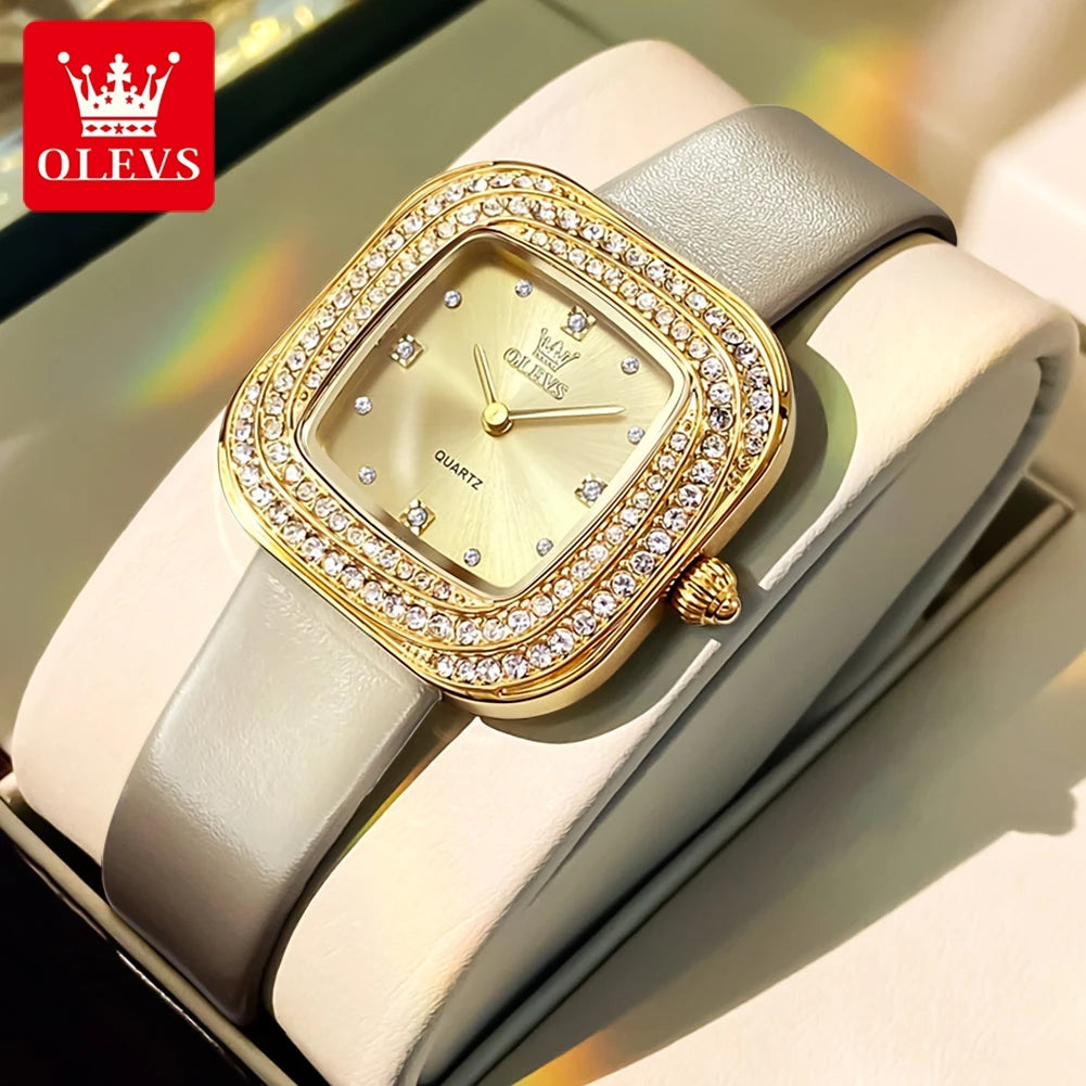 OLEVS 5512 Women Watch Luxury Diamond Square Dial Elegant Comfortable Waterproof Leather Strap Fashion Brand Women Quartz Watch