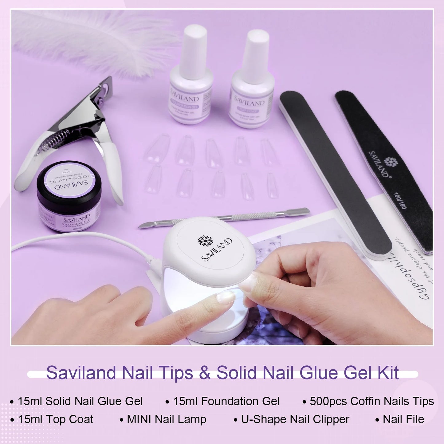 SAVILAND 500pcs Gel X Nail Kit For Extension Nail Tips Full Cover Press On Nails Sculpted Coffin Almond with UV LED Nail Lamp