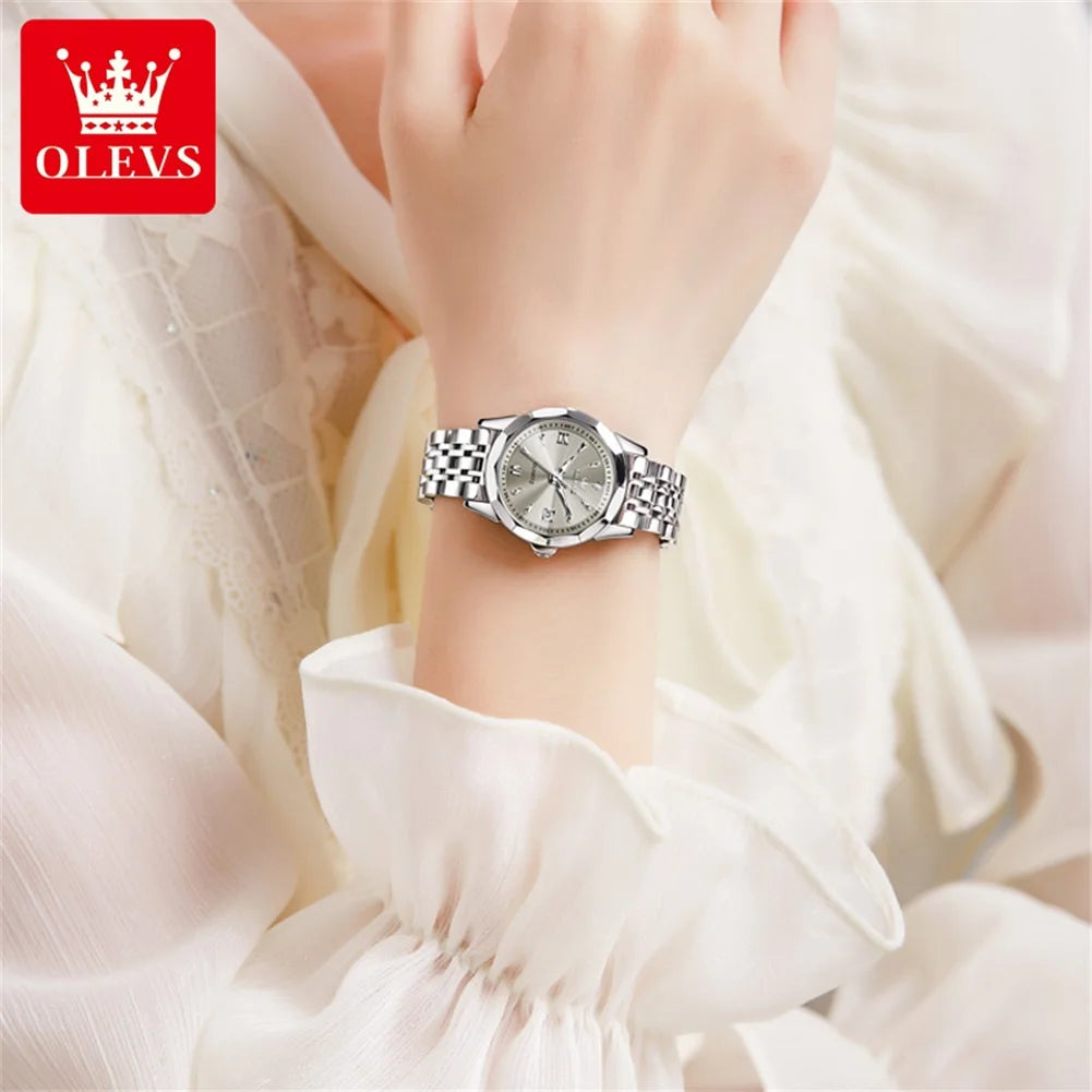 OLEVS Elegant Fashion Ladies Watches 9998 Original Quartz Women's Watches Waterproof Stainless Steel Luminous Date Wristwatch