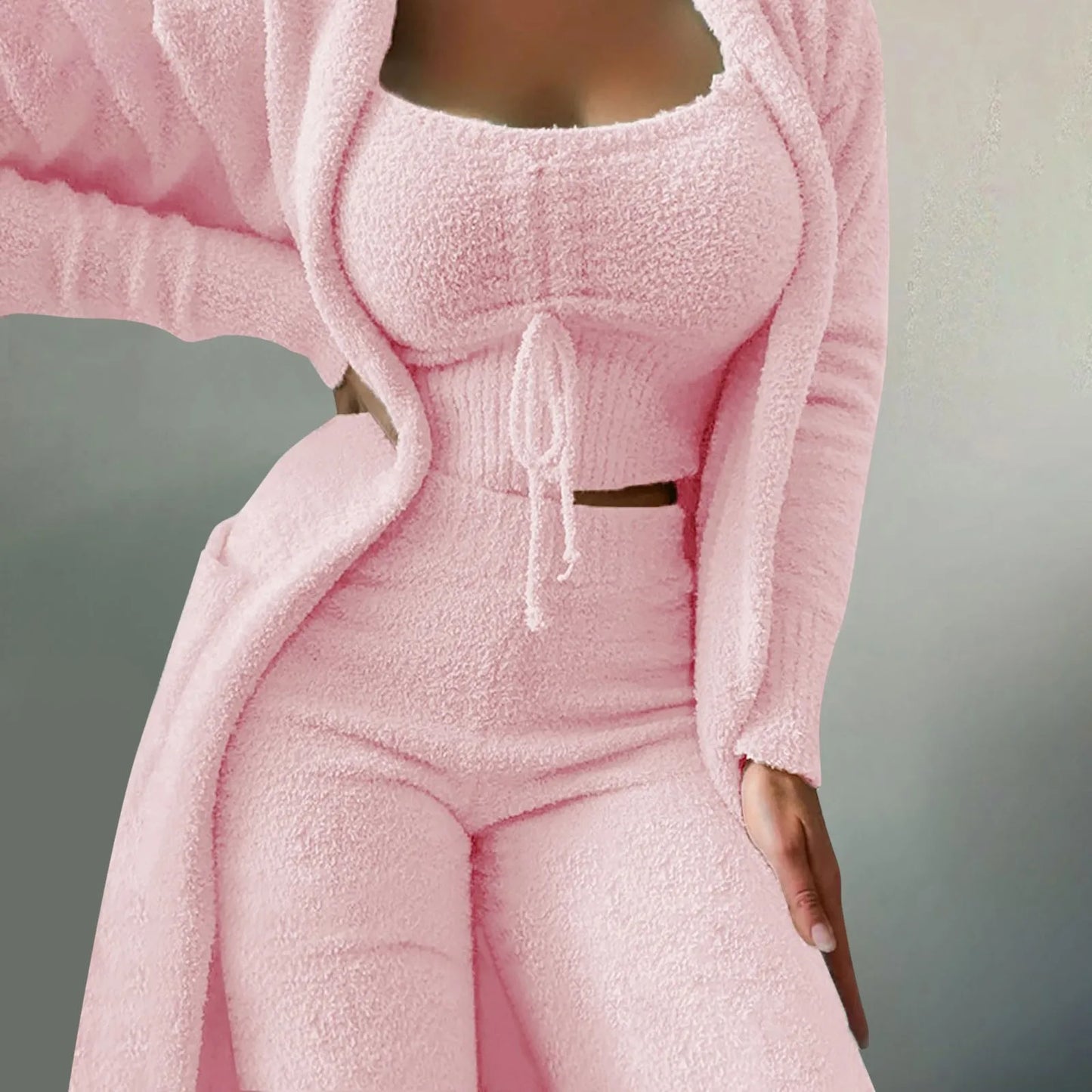 Women Fleece 3 Pc Teddy Spaghetti Strap Crop Tank Wide Long Pants Fuzzy Kimono Cozy Sweatsuit Women Clothing Pantalones De Mujer