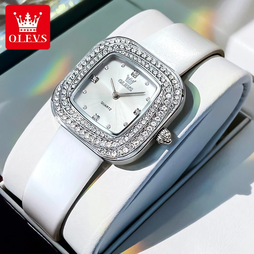 OLEVS 5512 Women Watch Luxury Diamond Square Dial Elegant Comfortable Waterproof Leather Strap Fashion Brand Women Quartz Watch