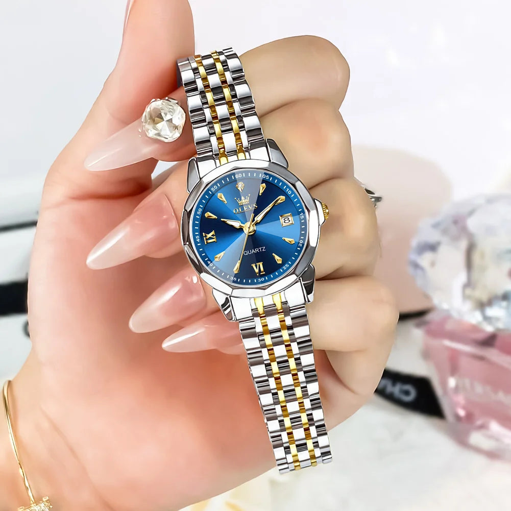 OLEVS Elegant Fashion Ladies Watches 9998 Original Quartz Women's Watches Waterproof Stainless Steel Luminous Date Wristwatch