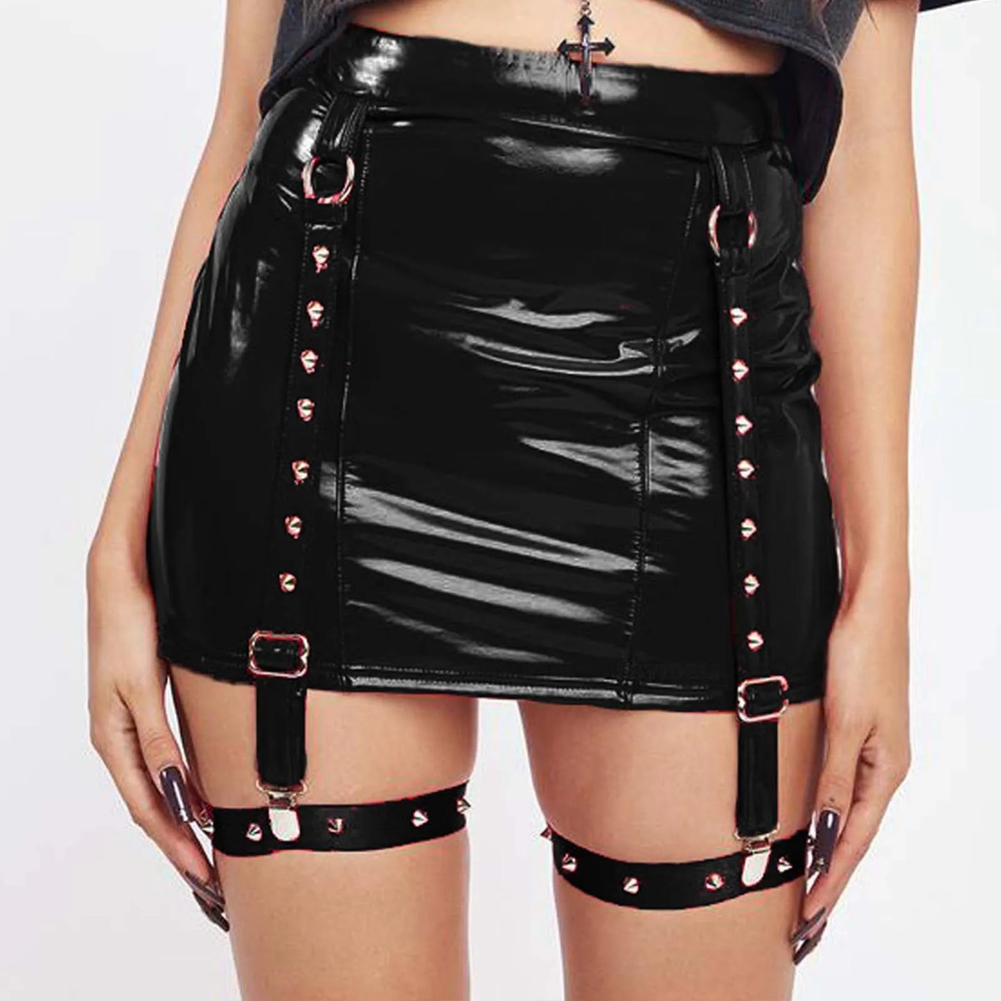 Hot Women Bodycon PU Leather Skirt Clubwear Y2k Streetwear Mini Skirt Garters Hip Hop Grunge Rivet Trendy Black Red Pencil Skirt