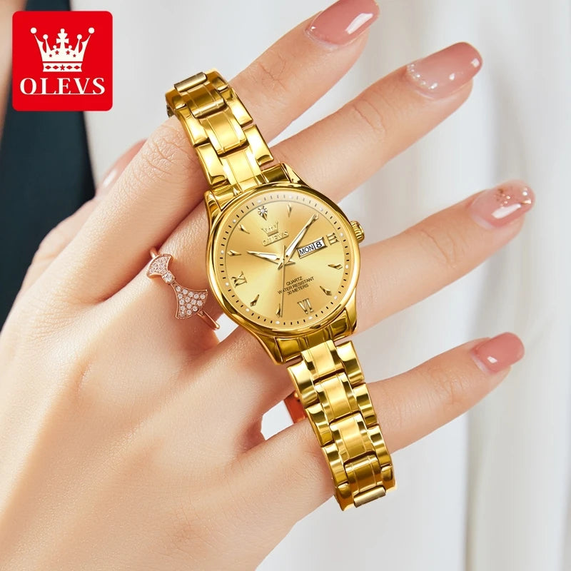 OLEVS Top Brand Elegant Women's Watches Gold Waterproof Fashion Original Quartz Watch for Lady Calendar Week Female Wristwatch