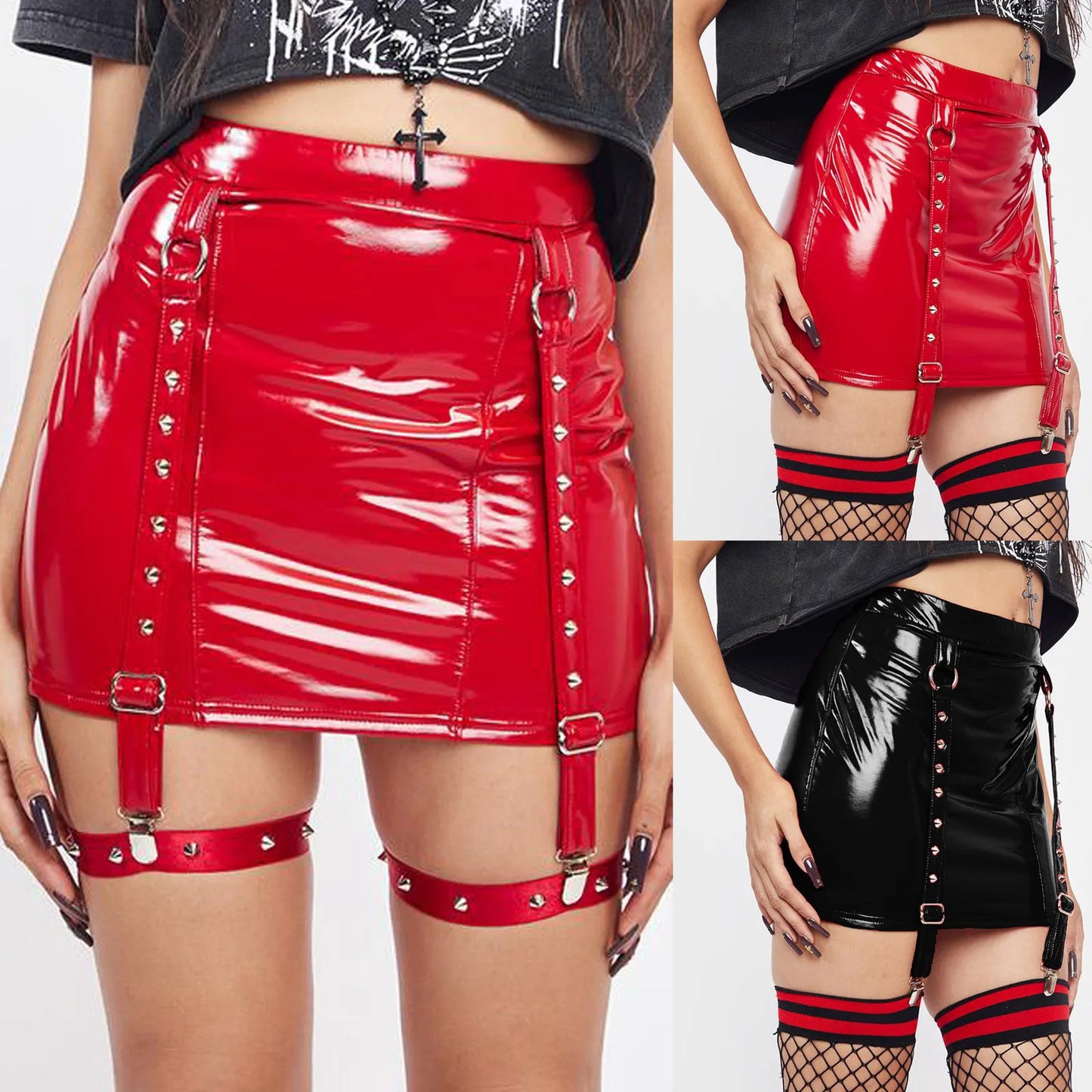 Hot Women Bodycon PU Leather Skirt Clubwear Y2k Streetwear Mini Skirt Garters Hip Hop Grunge Rivet Trendy Black Red Pencil Skirt