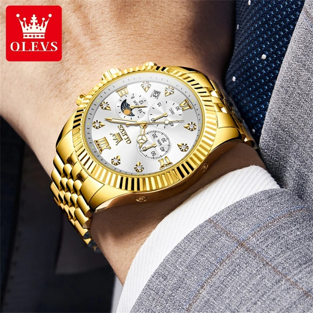 OLEVS 2932 High end Men's Watch Classic Lunar Phase Waterproof Stainless Steel Chronograph Watch Luxury Brand Quartz Men's Watch