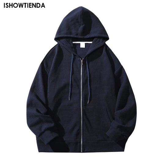 Solid Print Hoodie Men Retro Zip Up Long Sleeve Loose Jacket Coats Harajuku Casual Daily Hooded Sweatshirt Y2k Streetwear