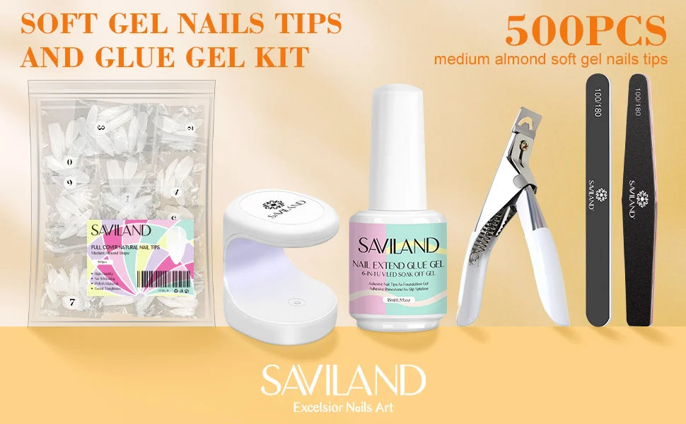 SAVILAND 500pcs Gel X Nail Kit For Extension Nail Tips Full Cover Press On Nails Sculpted Coffin Almond with UV LED Nail Lamp