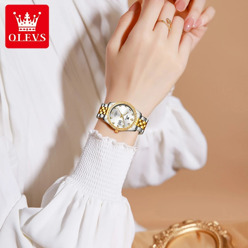 OLEVS Top Brand Women's Watches Elegant Simple Original Quartz Watch for Man Diamond Dial Waterproof Luminous Date Wristwatch