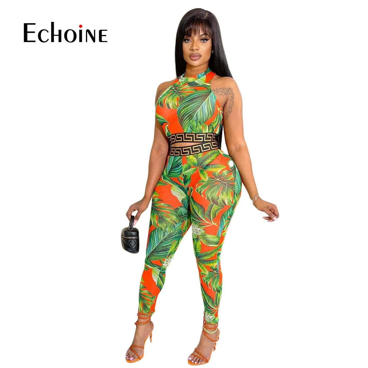 Echoine Women Print Patchwork Sleeveless Tank Crop Tops And Leggings 2 Two Piece Set 2023 Summer Sexy Fashion Tracksuit Outfits