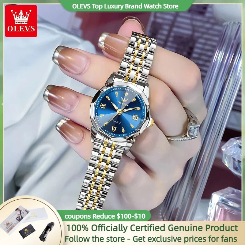 OLEVS 9998 Fashion Simple Women Quartz Watch Classic Rhombus Mirror Waterproof Double Calendar Watch Luxury Elegant Women Watch