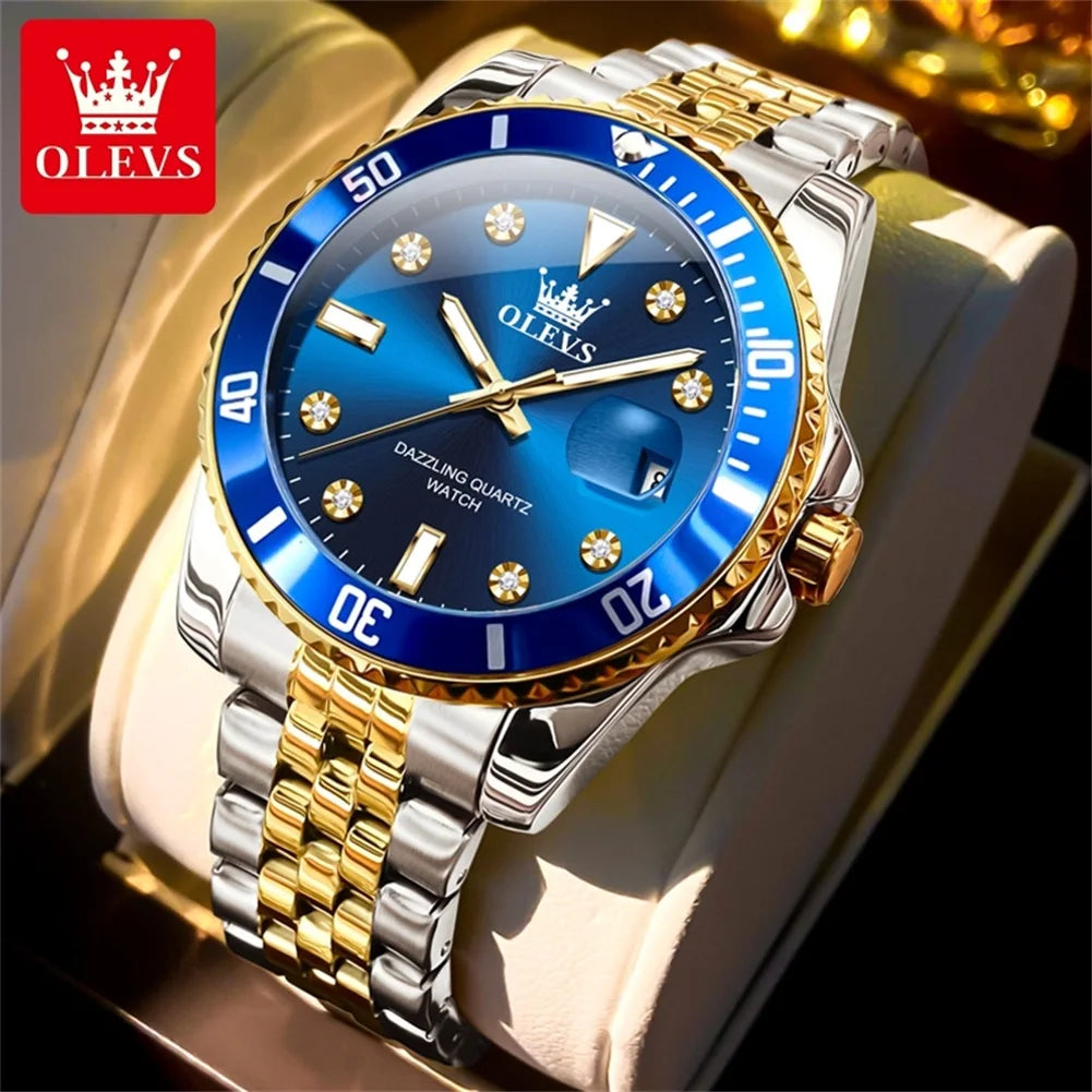 OLEVS 9809 Mens Watch Original Fashion Quartz Watch Zircon Scale Waterproof Luminous Reloj Hombre Automatic Date Watch For Man