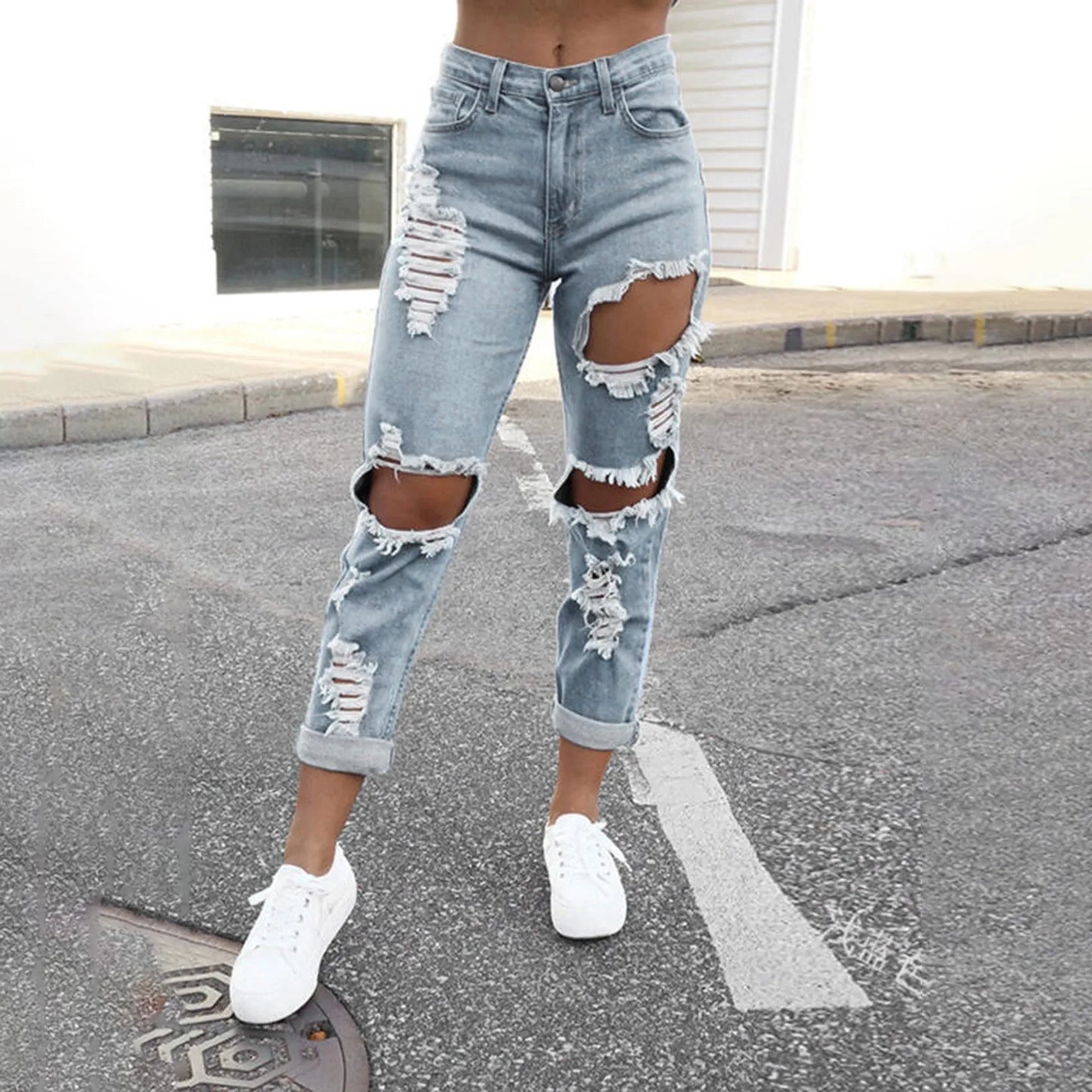 Hole Denim Women'S Jeans Buttocks Ripped Jeans Street Style Vertical Tube Denim Pants Frayed Tassel Ripped Jeans Japanese