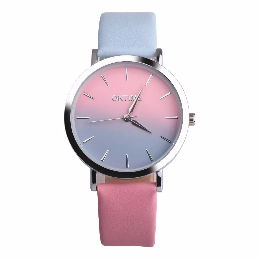 Retro Rainbow Design Wristwatch Leather Band Analog Alloy Lovely Cute Girl Simplicity Elegant Temperament Watch Versatile Clock