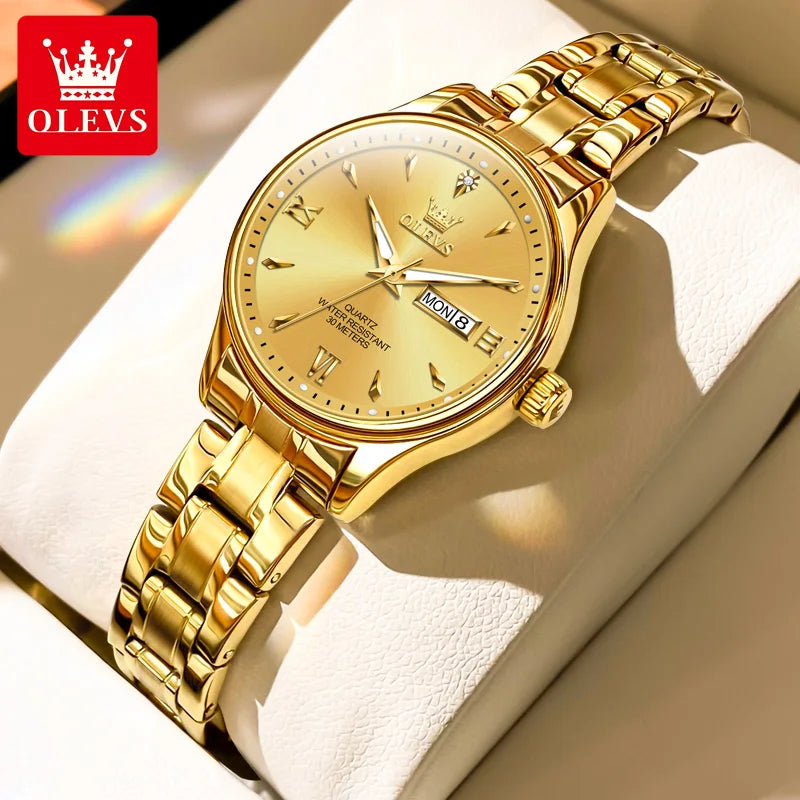 OLEVS Top Brand Elegant Women's Watches Gold Waterproof Fashion Original Quartz Watch for Lady Calendar Week Female Wristwatch