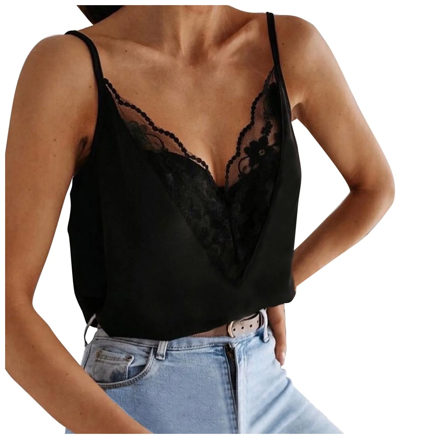 Solid Color Lace Splicing Camisole For Women Plus Size V-neck Suspender Vest Top Blouse Camis Crop Top Women 2022 Ropa Mujer