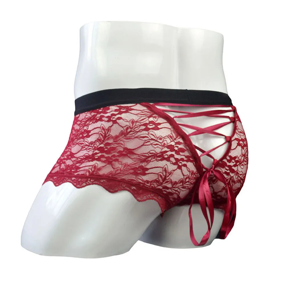 2024 Men‘s Sexy Lace Patchwork Panties Breathable Comfortable High Waist Men Underwear Solid Color See-Through Boyshorts