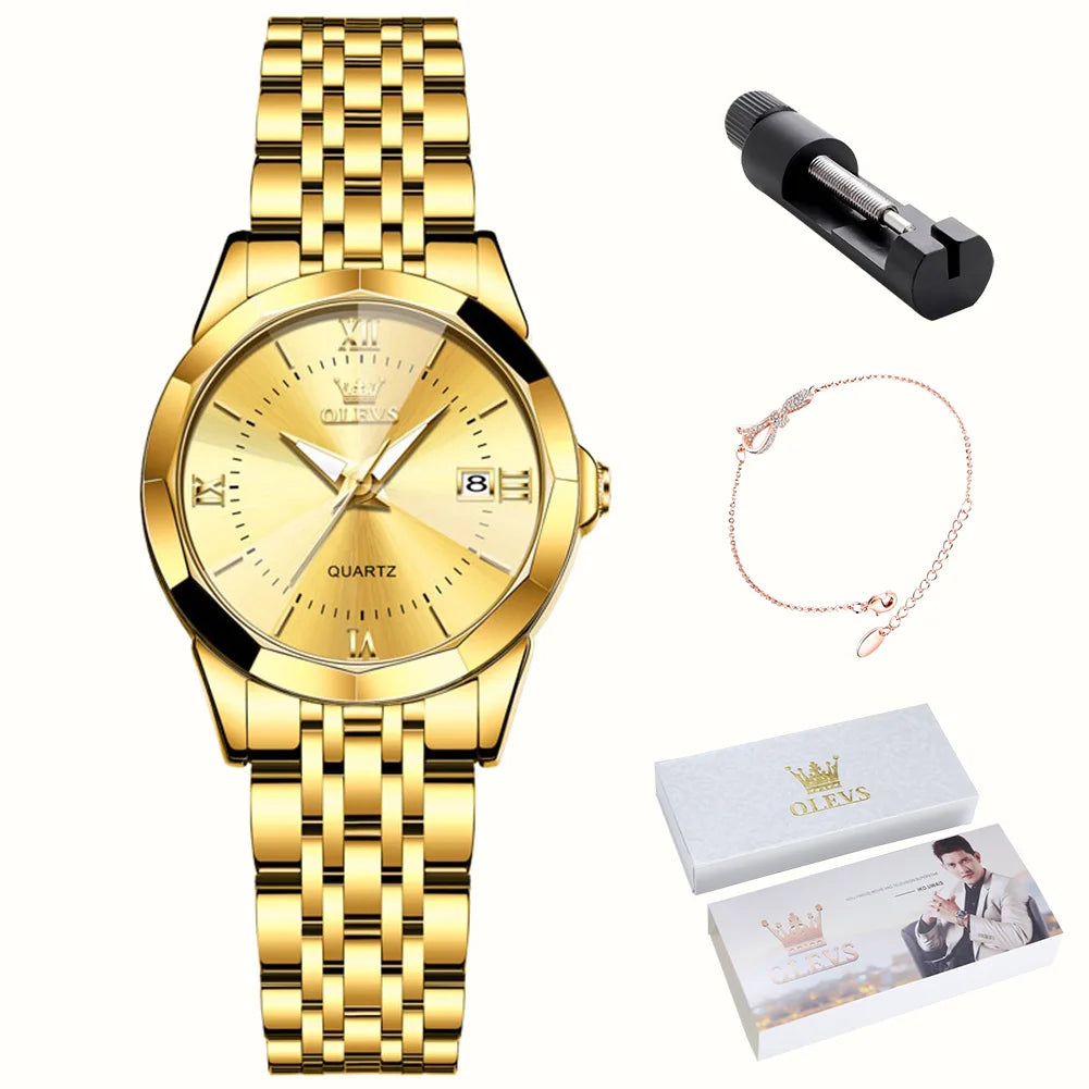 OLEVS Luxury Brand Women's Watches Prismatic Mirror Stainless steel Waterproof Dual Calendar Elegant Quartz Watch for Ladies Set