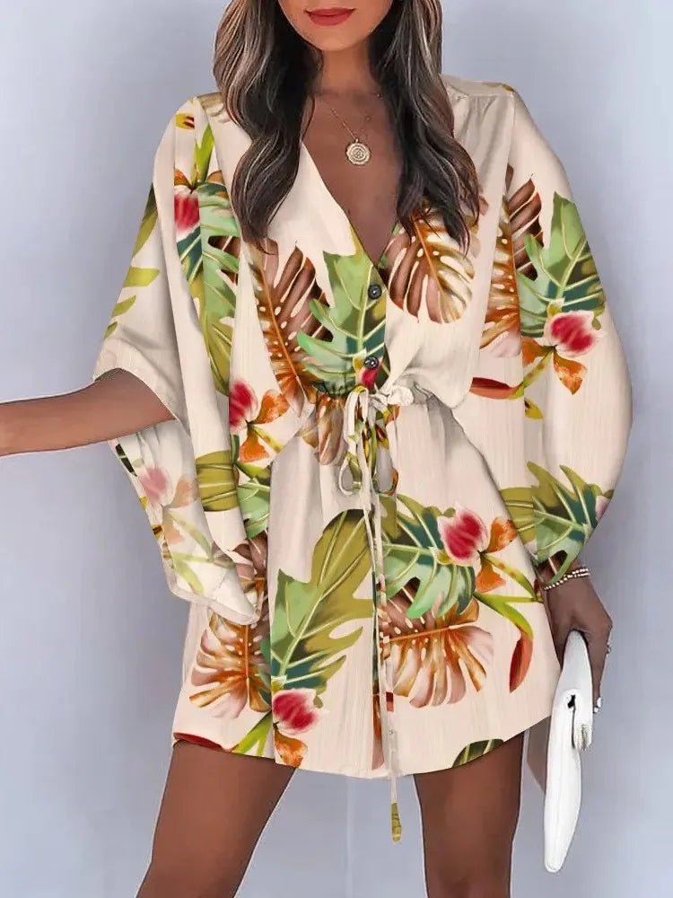 Summer Boho Mini Dress Women Flora Print Batwing Sleeve Lace-Up V Neck Loose Button Dresses Ladies Beach Party Dress Vestido