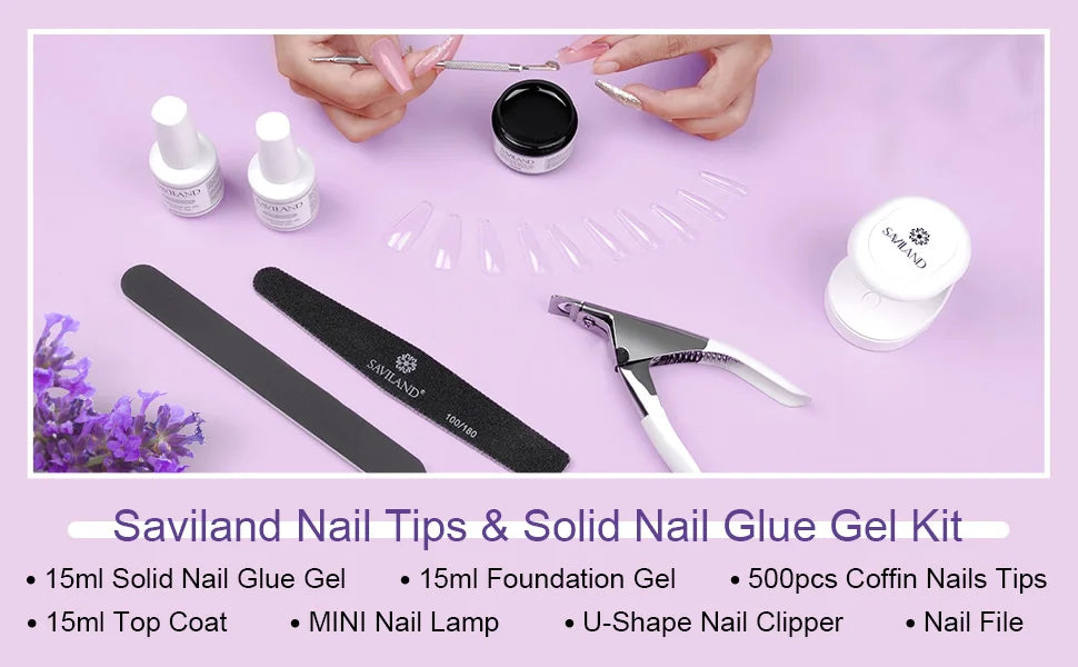 SAVILAND 500pcs Gel X Nail Kit For Extension Nail Tips Full Cover Press On Nails Sculpted Coffin Almond with UV LED Nail Lamp