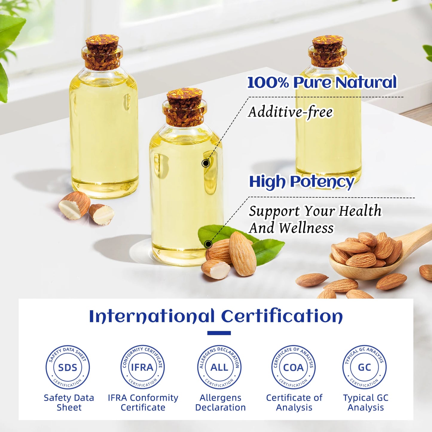 HIQILI 100ML Sweet Almond Oil ,Pure and Natural Carrier Oil for Hair, Skin, Body, Massage, Diluting Essential Oils