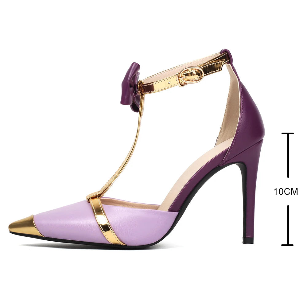 New Design Luxury Glod Purple Stilettos Pointed Toe T-strap High Heels Women Sandals Summer Party Dress Prom Shoes Pumps 2024