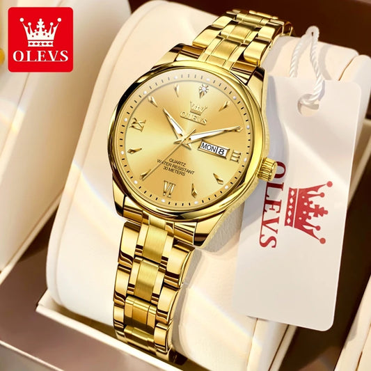 OLEVS Top Brand Elegant Women's Watches Gold Waterproof Fashion Original Quartz Watch for Lady Calendar Week Female Wristwatch