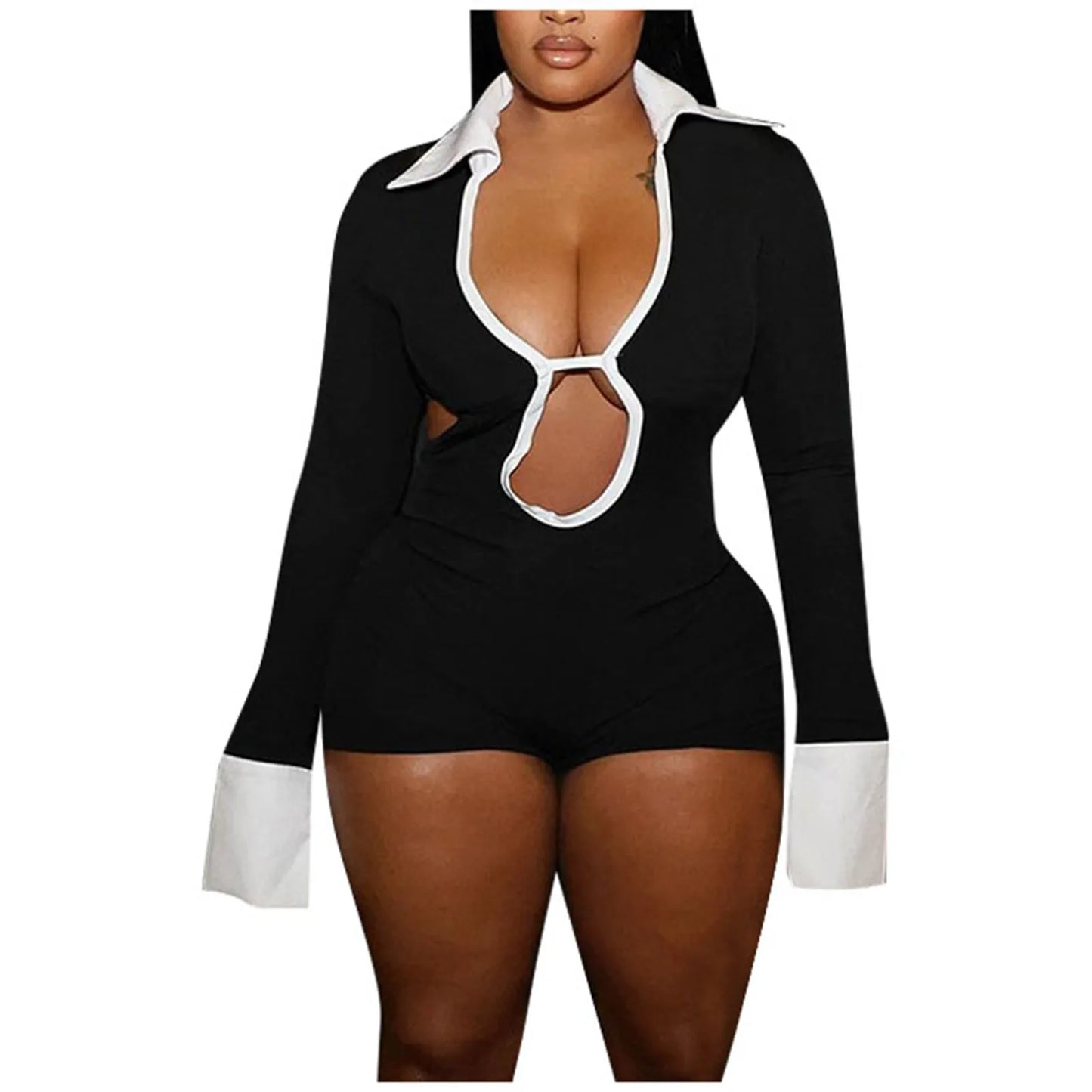 Black White Patchwork Deep V-Neck Hollow Out Jumpsuit Shorts Women Long Sleeve Backless Lace Up Club Party Rompers Outwear 2024