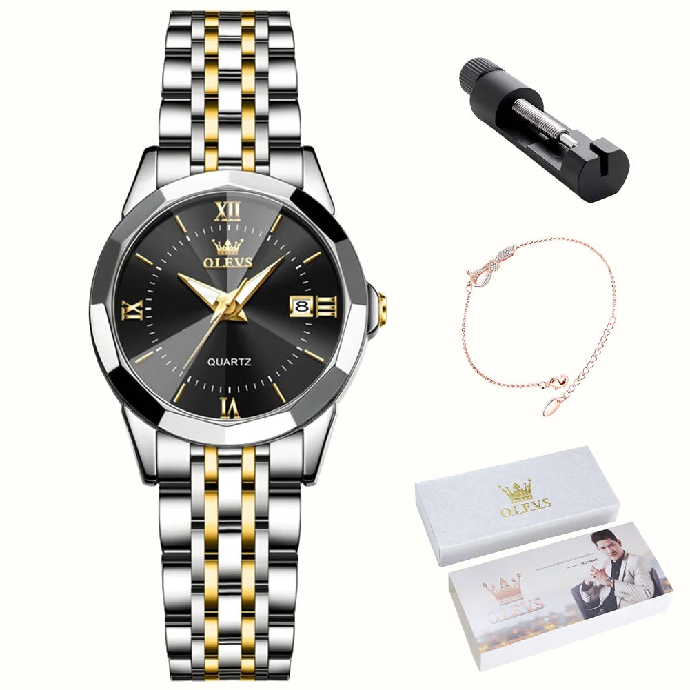 OLEVS Luxury Brand Women's Watches Prismatic Mirror Stainless steel Waterproof Dual Calendar Elegant Quartz Watch for Ladies Set