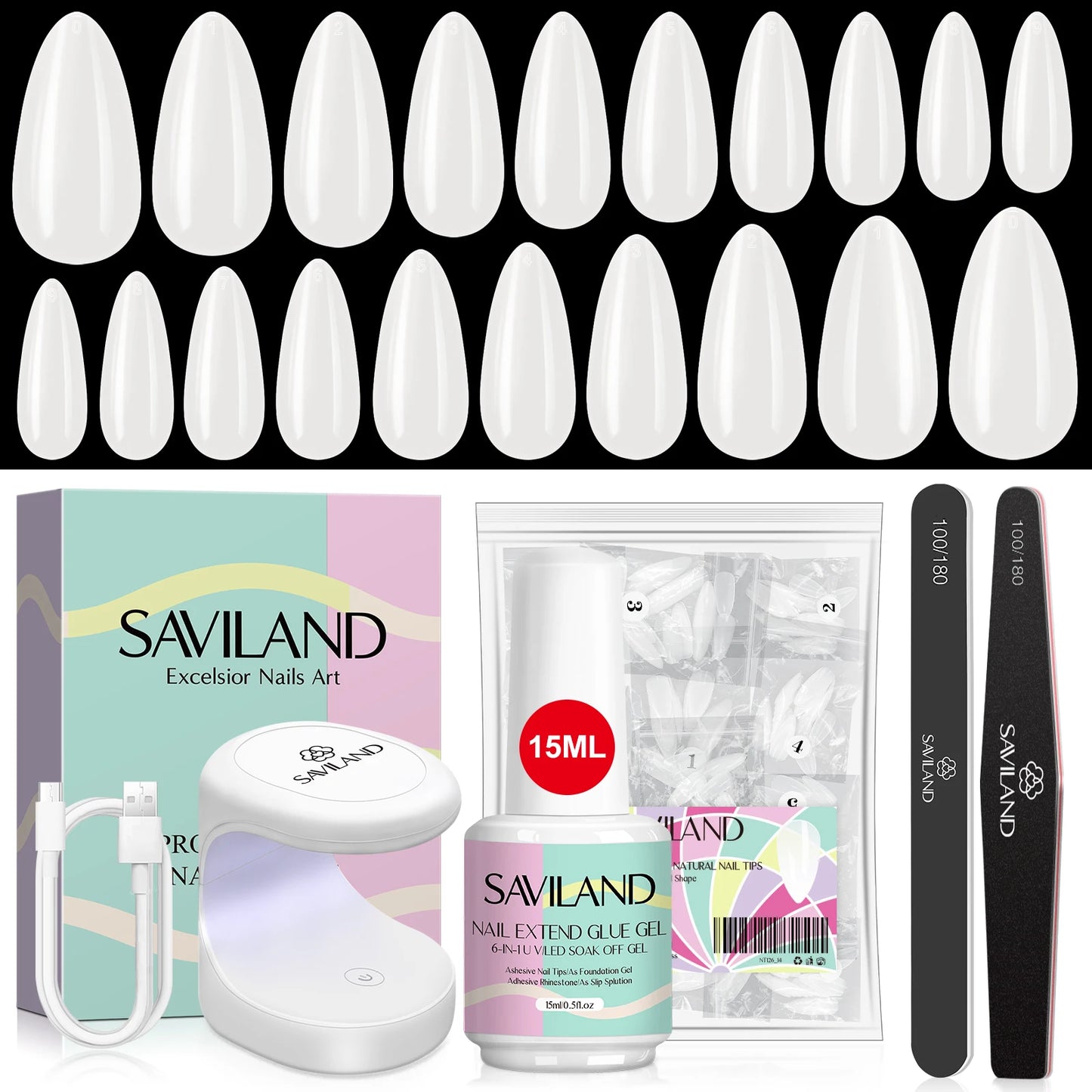 SAVILAND 500pcs Gel X Nail Kit For Extension Nail Tips Full Cover Press On Nails Sculpted Coffin Almond with UV LED Nail Lamp