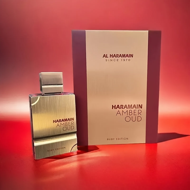 HARAMAIN Amber Oud Red Perfume - Arabian Scent, Long-Lasting 2.03oz Eau De Toilette, Luxury Golden & Red Design, Perfect Valentine’s Day Gift for Men & Women, Longlasting Scent | Modern Cap Design | Goldtoned Bottle, Arabic